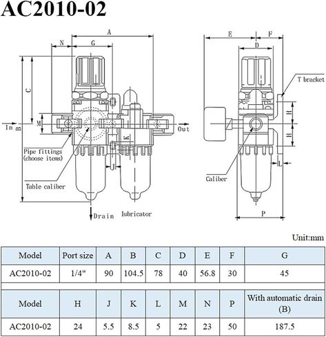 Air Compressor Pressure Reducing Valve Pneumatic Water Oil Separator Manual Drainage AC2010-02 Pneumatic Air Filter with Fitting(AC2010-02 with EU,Copper Filter) in Saudi Arabia