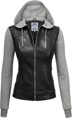 Women's Faux Leather Motorcyle Biker Jacket with Removable Hoodie in Saudi Arabia