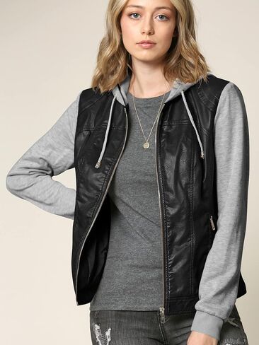 Women's Faux Leather Motorcyle Biker Jacket with Removable Hoodie in Saudi Arabia