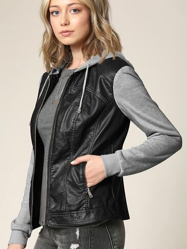Women's Faux Leather Motorcyle Biker Jacket with Removable Hoodie in Saudi Arabia