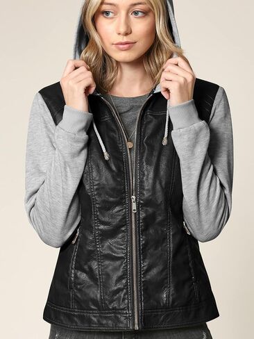 Women's Faux Leather Motorcyle Biker Jacket with Removable Hoodie in Saudi Arabia