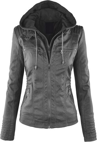 Women's Faux Leather Motorcyle Biker Jacket with Removable Hoodie in Saudi Arabia