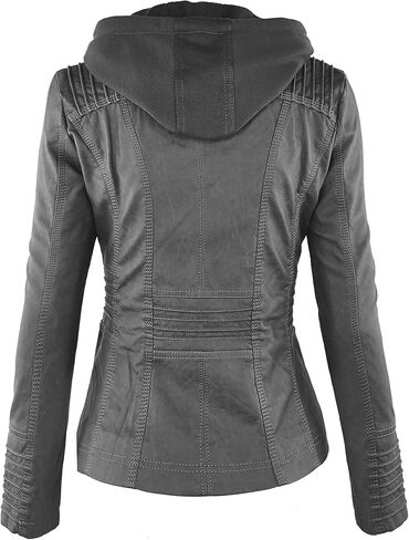 Women's Faux Leather Motorcyle Biker Jacket with Removable Hoodie in Saudi Arabia