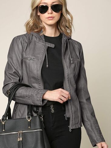 Women's Faux Leather Motorcyle Biker Jacket with Removable Hoodie in Saudi Arabia