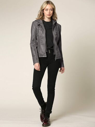 Women's Faux Leather Motorcyle Biker Jacket with Removable Hoodie in Saudi Arabia