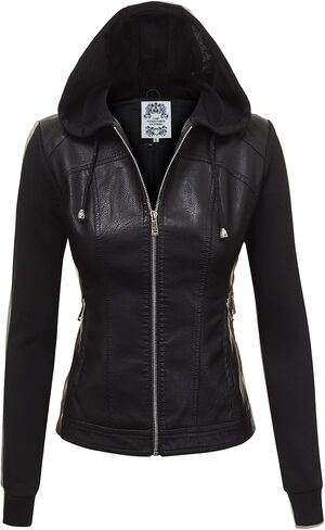Women's Faux Leather Motorcyle Biker Jacket with Removable Hoodie in Saudi Arabia