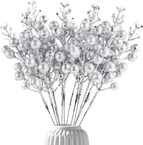 14Pcs Christmas Glitter Berries Stems Silver Christmas Tree Picks Stems 7.8 Inch Artificial Picks Fake Holly Winter Berry Branches for Christmas Tree Ornament DIY Crafts Wreath Holiday and Home Decor in Saudi Arabia