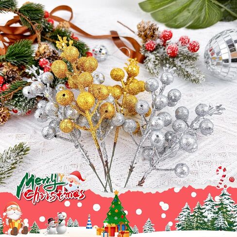 14Pcs Christmas Glitter Berries Stems Silver Christmas Tree Picks Stems 7.8 Inch Artificial Picks Fake Holly Winter Berry Branches for Christmas Tree Ornament DIY Crafts Wreath Holiday and Home Decor in Saudi Arabia