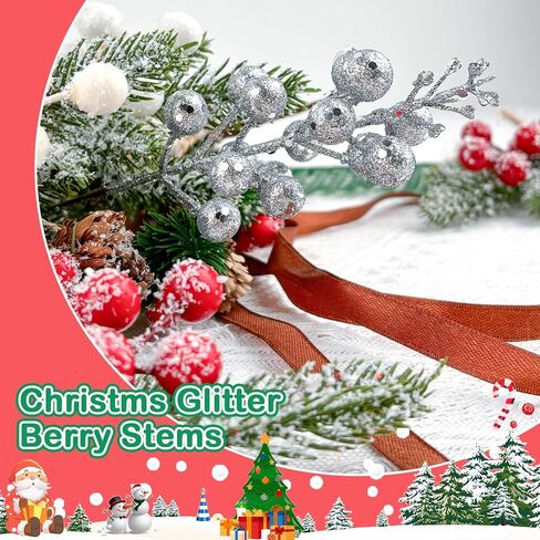 14Pcs Christmas Glitter Berries Stems Silver Christmas Tree Picks Stems 7.8 Inch Artificial Picks Fake Holly Winter Berry Branches for Christmas Tree Ornament DIY Crafts Wreath Holiday and Home Decor in Saudi Arabia