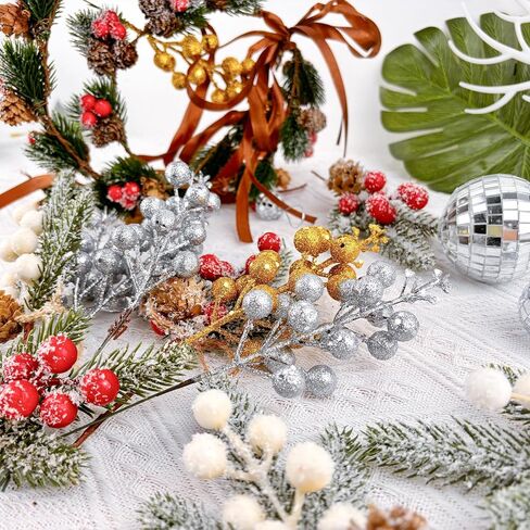 14Pcs Christmas Glitter Berries Stems Silver Christmas Tree Picks Stems 7.8 Inch Artificial Picks Fake Holly Winter Berry Branches for Christmas Tree Ornament DIY Crafts Wreath Holiday and Home Decor in Saudi Arabia