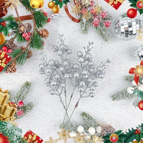 14Pcs Christmas Glitter Berries Stems Silver Christmas Tree Picks Stems 7.8 Inch Artificial Picks Fake Holly Winter Berry Branches for Christmas Tree Ornament DIY Crafts Wreath Holiday and Home Decor in Saudi Arabia