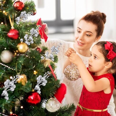 14Pcs Christmas Glitter Berries Stems Silver Christmas Tree Picks Stems 7.8 Inch Artificial Picks Fake Holly Winter Berry Branches for Christmas Tree Ornament DIY Crafts Wreath Holiday and Home Decor in Saudi Arabia