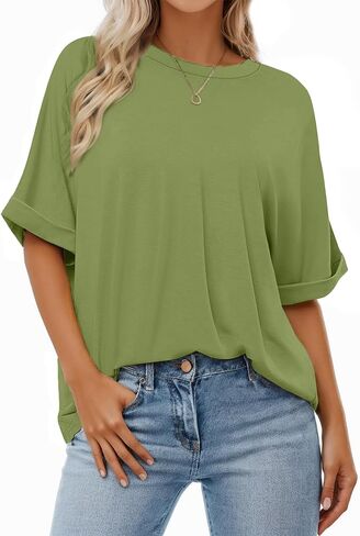 تي شيرت نسائي كبير الحجم بأكمام قصيرة من Buauty، تي شيرت فضفاض أساسي برقبة دائرية، مقاس كبير، قميص كاجوال للعمل الصيفي 2024 عصري in Kuwait