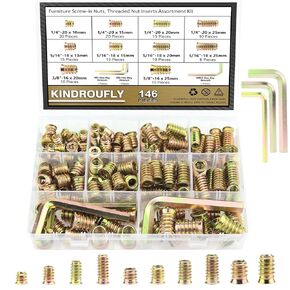 141 Pieces 1/4"-20 x 10mm/15mm/20mm/25mm Threaded Inserts, Nut Inserts, Wood Inserts, Steel Threaded Inserts for Wood Furniture Screw
