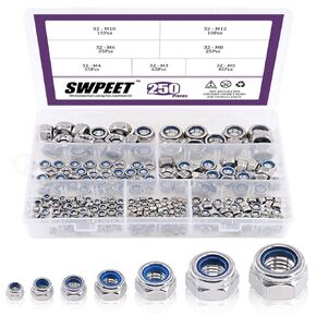 Swpeet 250Pcs 304 Stainless Steel Metric Lock Nut Assortment Kit Perfect for Lock Washers, Nylon Insert Locknut M3 M4 M5 M6 M8 M10 M12