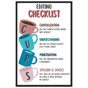 English Educational Poster, Writing Print Decorations for Classroom Learning Corner, CUPS Writing Strategy Poster, CUPS Editing Writing Strategy Checklist 11x17, Laminated Unframed Art