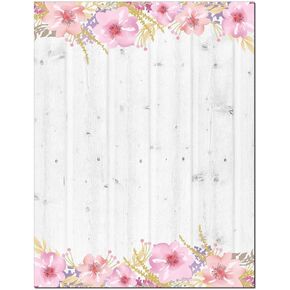 Rustic Stationery - 8.5 x 11-60 Letterhead Sheets - Gray Barnwood and Pink Flowers Letterhead (Gray Barn Pink Flowers)