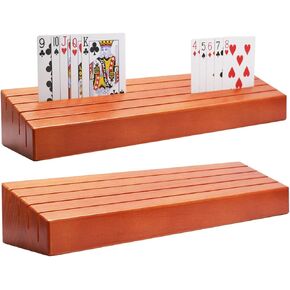 Wooden Playing Card Holder Set of 2 Solid Card Tray Rack Organizer for Kids Seniors Adults - 13.8 inch* 3.1 Inch Extended Versions Long Enough for Bridge Canasta Strategy Card Playing