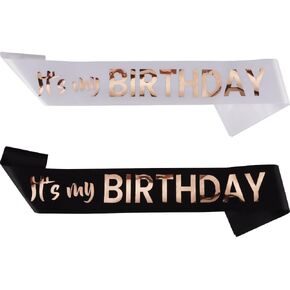 It's My Birthday Sash for Women Girls Happy Birthday Queen Princess, Black White Rose Gold, 2 Pack