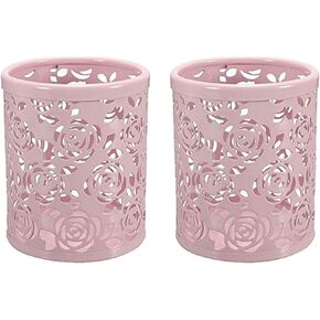 CTKcom 2 Pack Hollow Rose Flower Pattern Metal Pen Pencil Pot Cup Holder Desk Container Organizer,2 Pieces,Pink