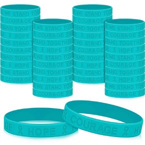 Kigeli 100 Pcs Ovarian Cancer Awareness Teal Ribbon Awareness Silicone Wristbands Suicide Prevention Bracelets Bulk Hope Strength Motivational Wristbands Products for Men Women Survivor Events