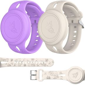 2 Pack Airtag Bracelet for Kids Waterproof, Silicone Butterfly Carved Wristband Case, Full Cover for Apple Airtag Holder, Hidden Accessories Band Strap for Toddler Child (Purple, White)