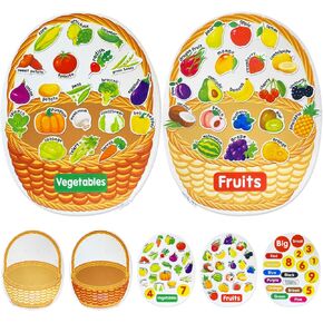 Felt Board and Felt Board Pieces Set,2 Basket Felt Flannel Board,63 Felt Pieces,Learn Common Fruits and Vegetables and Color & Size Sorting Learning for Kindergarten,Preschool,Toddlers