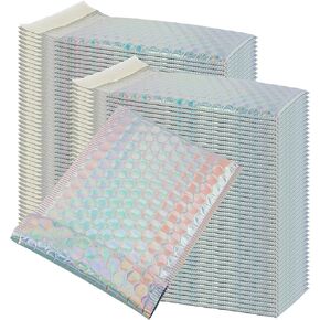HOIGON 100 PCS 5 x 6 Inch Silver Metallic Bubble Mailers, Foil Glitter Poly Padded Mailing Cushion Envelopes, Holographic Self Seal Adhesive Shipping Bags for Mailing, Packing