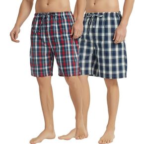 Vulcanodon 2 Pack Men's Cotton Pajama Shorts, Soft Woven Pajama Shorts for Men Plaid Pj Bottoms