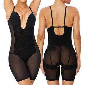 Backless Deep U Plunge Bodysuit for Women Tummy Control Full Body Shapewear Strapless Mid Thigh Body Shaper