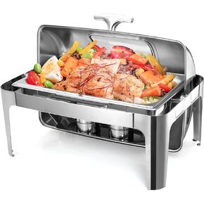 9 Quart Roll Top Chafing Dish Buffet Set, Rectangular Stainless Steel Chafer with Glass Window, Buffet Warmer Set with Food Pan and Water Pan for Party Catering, 1/2 Size, 1 Pack