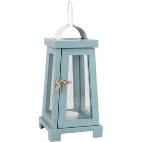 Stonebriar Coastal Worn Blue Wooden Tea Light Candle Lantern with Handle