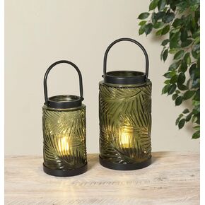 Set of 2 Metal and Glass Lighted Lanterns with Battery Operated Edison Bulb Look, 8 and 10 Inches High - Black Metal with Grey/Green Embossed Smoke Glass