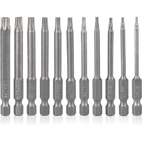 Security Torx Bit Set 11 Piece 3 Inch long Tamper Proof Star Bit Set S2 Steel 1/4" Hex Shank T6-T40 Magnetic Impact Driver Drill Bits