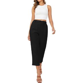 Linen Capri Pants for Women Straight Leg High Waist Button Pant Work Casual Trousers with Pockets