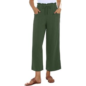 siliteelon Wide Leg Linen Pants for Women Summer Capri Palazzo Flowy Pants Casual Loose High Waist Trousers with Pockets in Kuwait