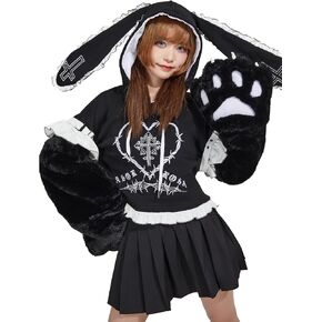 Women's Y2k Gothic Bunny Hoodie with Straps and Detachable Furry Paw Gloves (L/XL) Black