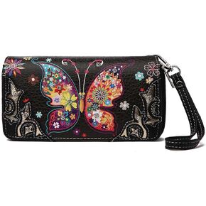 Western Style Butterfly Rhinestone Concho Studded Embroidered Floral Country Wrist Strap Women Wristlet Double Zip Wallet
