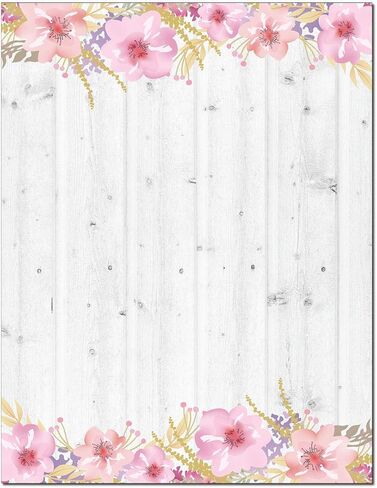 Rustic Stationery - 8.5 x 11-60 Letterhead Sheets - Gray Barnwood and Pink Flowers Letterhead (Gray Barn Pink Flowers) in Kuwait