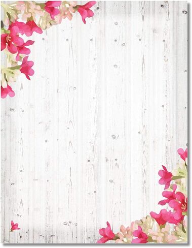 Rustic Stationery - 8.5 x 11-60 Letterhead Sheets - Gray Barnwood and Pink Flowers Letterhead (Gray Barn Pink Flowers) in Kuwait