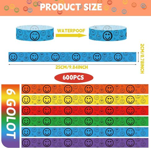 600 Pcs Smiley Face Paper Wristbands, Paper Wristbands for Events, Waterproof Entrance Wristbands, Colorful Entrance Wristbands, Paper Wrist Bands, Paper Bracelets for Events Music Concert (6 Colors in Saudi Arabia