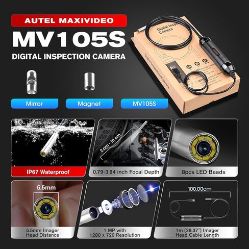 كاميرا الفحص الرقمية Autel MaxiVideo MV105S، 2024 مثل MV108S، 1280x720، منظار صناعي USB فائق النحافة 5.5 مم، كاميرا IP67 Borescope Snake، تعمل مع الماسح الضوئي Autel والكمبيوتر الشخصي، يصل إلى MV105/ MV108 in Kuwait