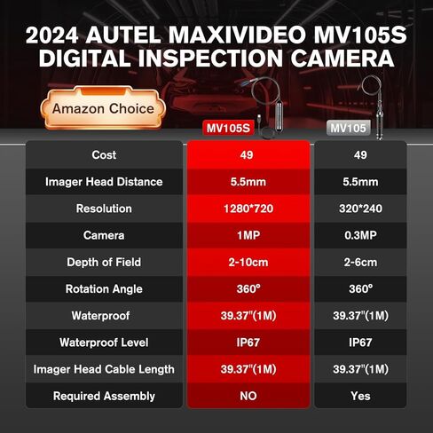 كاميرا الفحص الرقمية Autel MaxiVideo MV105S، 2024 مثل MV108S، 1280x720، منظار صناعي USB فائق النحافة 5.5 مم، كاميرا IP67 Borescope Snake، تعمل مع الماسح الضوئي Autel والكمبيوتر الشخصي، يصل إلى MV105/ MV108 in Kuwait