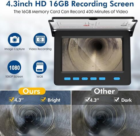 كاميرا الصرف الصحي 100 قدم، JQKJCAM 16 جيجابايت DVR كاميرا ثعبان لتسجيل الفيديو، كاميرا بوريسكوب 8500 مللي أمبير في الساعة مع ضوء، كاميرا سباكة مع شاشة LCD 4.3 بوصة، كاميرا تصريف IP68 مقاومة للماء (100 قدم/30 متر) in Kuwait