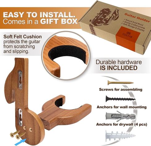 TESLYAR Guitar Holder Wall Mount Ash Wood Wooden Guitar Hanger Hook Stand Rack Guitar Hanger for Electric Classic Acoustic and Bass Guitar Musical Instruments Hardwood (Beige) in Kuwait