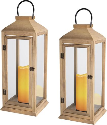 2 Pack Lanterns Decorative - 27.5in New Zealand Pine Lanterns Decorative with Flameless Pillar Candles, Decorative Lanterns for Home Decor, Indoor Outdoor, Front Porch, Garden, Farmhouse Style in Saudi Arabia