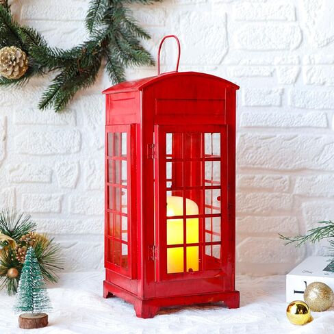 JHY DESIGN فانوس شموع مزخرف بطول 12 بوصة كشك هاتف عالي فانوس معلق صندوق هاتف فانوس حامل شموع معدني لغرفة المعيشة وحفلات الزفاف والشرفة والحديقة (أحمر) in Kuwait