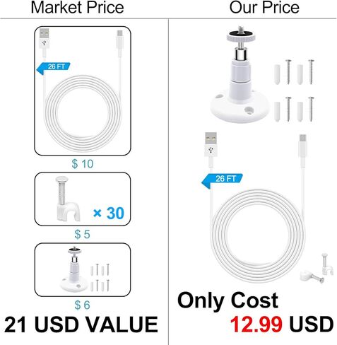 حامل على الحائط مع كابل شحن بطول 26 قدمًا متوافق مع Wyze Cam Pan، طقم التثبيت بما في ذلك سلك الشحن المتوافق مع Wyze Cam Pan، حامل أمان داخلي وخارجي in Kuwait