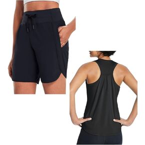 Baleaf Women 7 "شورت طويل المدى و Racerback تجريب الخزان Top Black & Black 2XL in Kuwait