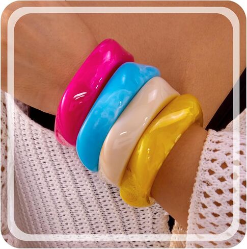 RINHOO 3pcs Acrylic Bangle Colorful Square Resin Bracelet Irregular Punk Geometric Statement Jewelry for Women in Kuwait